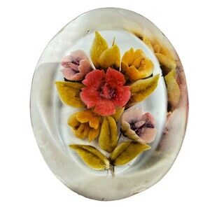 Vintage 1940s Reverse Carved Lucite Floral Brooch Oval Resin Dried Flower Pin